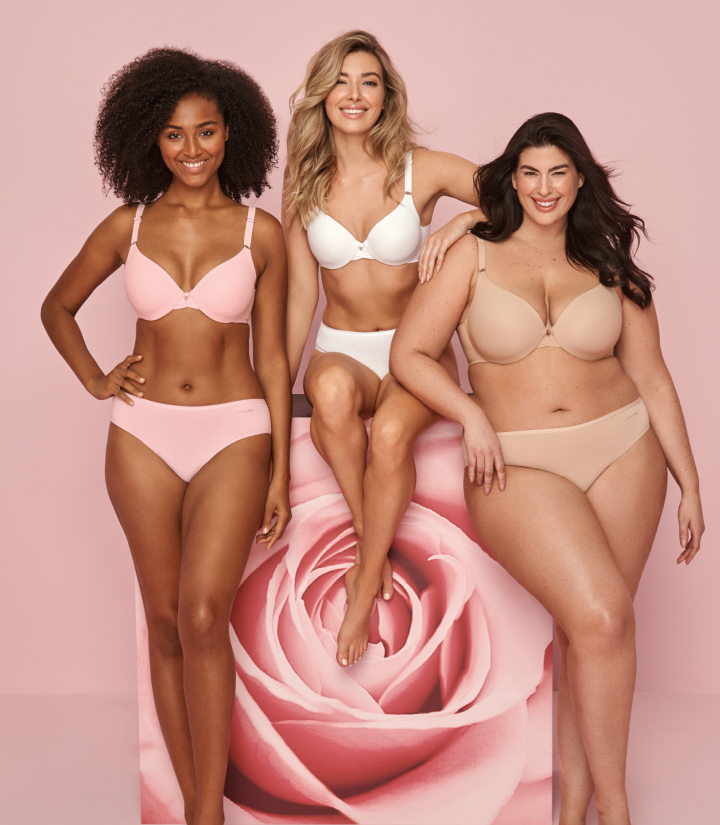 3 models wearing bra-and-panties sets in pale pink, white, and beige