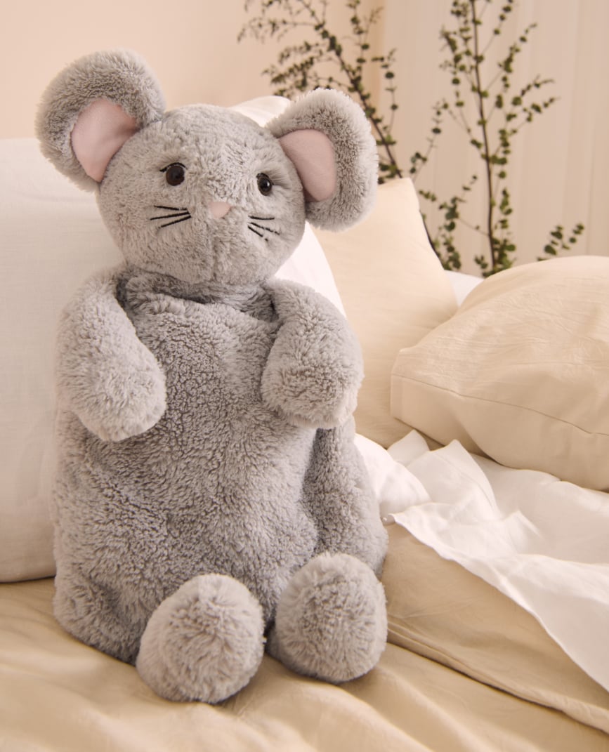 Plush mouse with built-in hot water bottle.