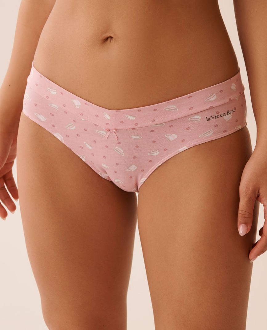 Light pink panties with coffee cup print and "la Vie en Rose" logo on side.
