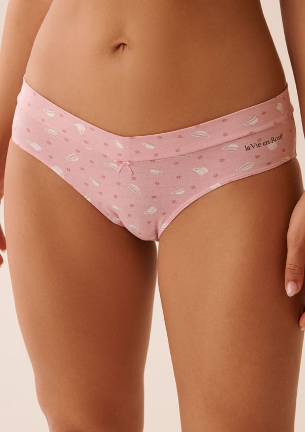 Light pink panties with coffee cup print and "la Vie en Rose" logo on side.