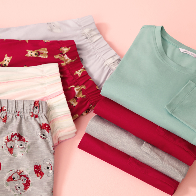 four pajamas from the Pajama Project in various patterns and colours.