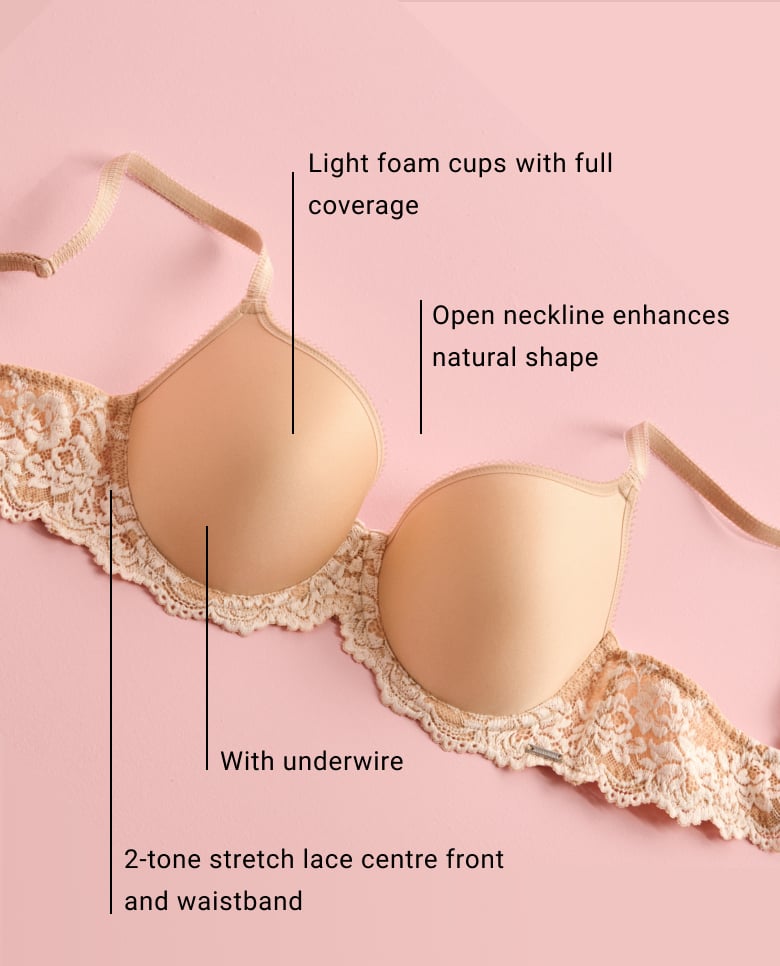 Flat lay of a contour bra with molded cups, underwire, adjustable straps, and smooth fabric, designed for comfort, shaping, and a seamless look.