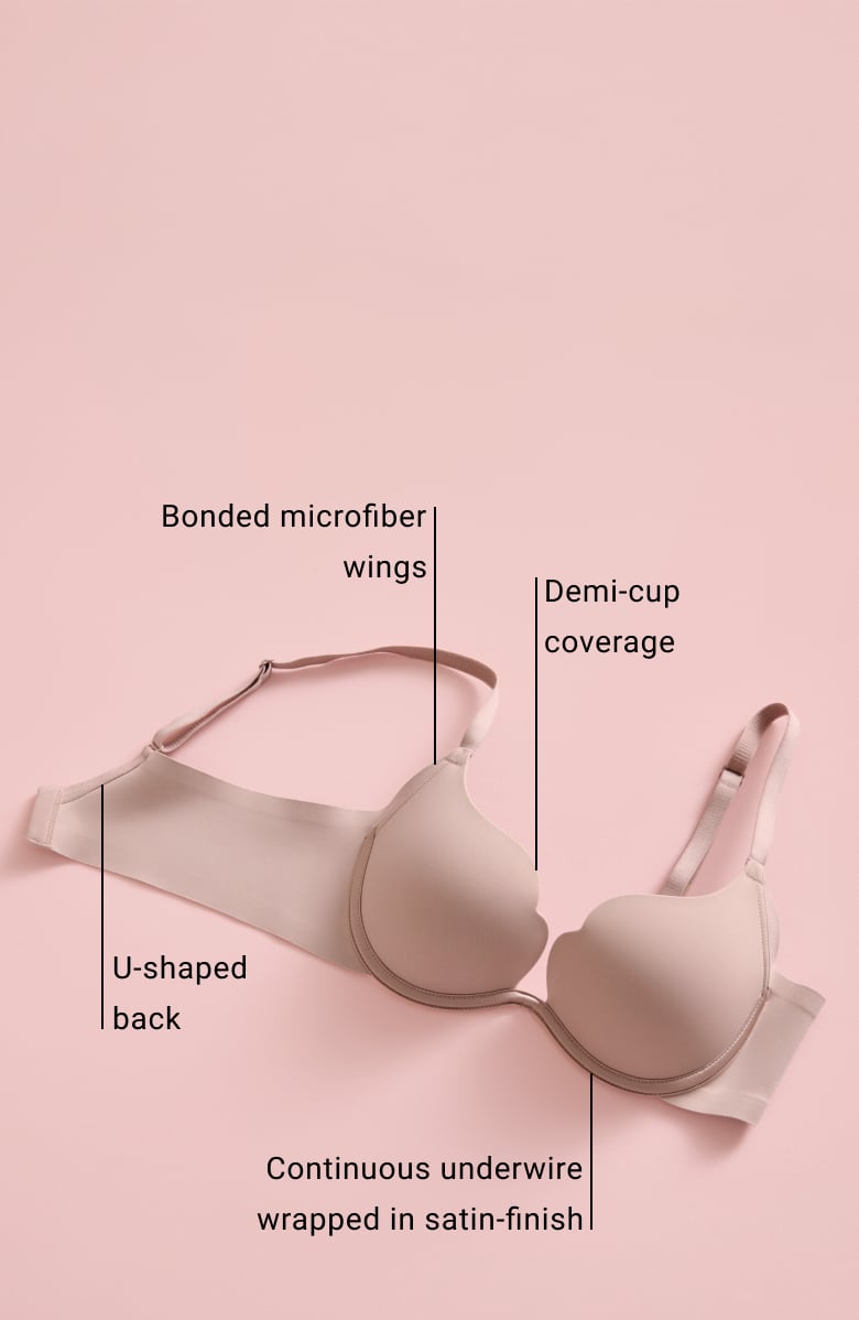 Banner featuring several photos of a model wearing a crushed berry-colored bra