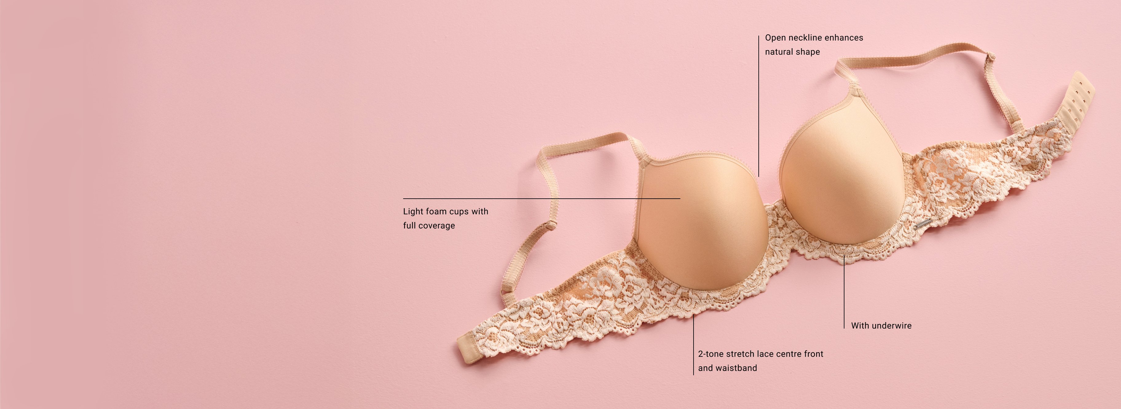 Flat lay of a contour bra with molded cups, underwire, adjustable straps, and smooth fabric, designed for comfort, shaping, and a seamless look.