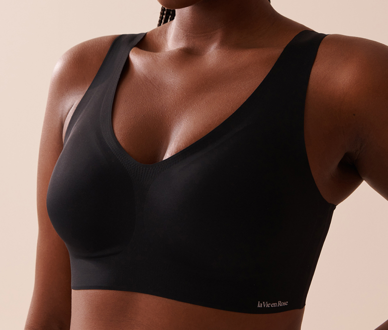 Model wearing a black lounge bra