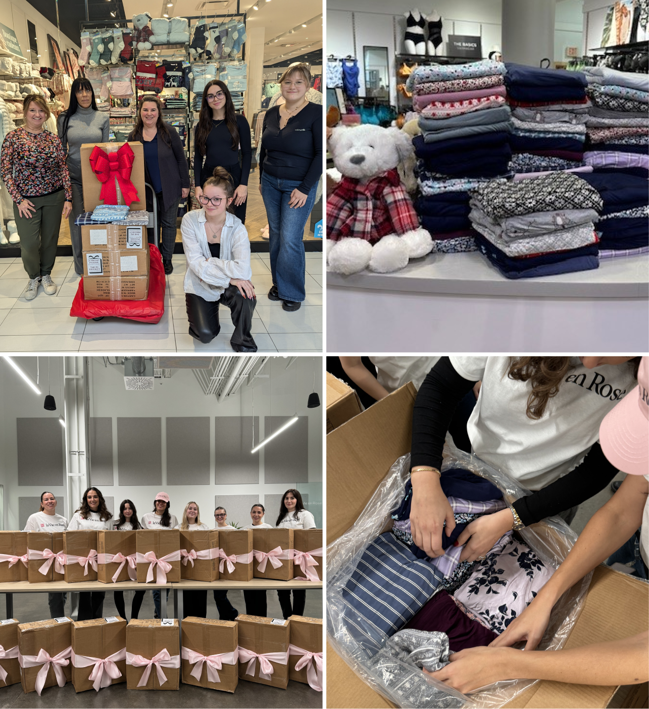 Photos from the 2024 edition of the pajama project, showing our employees with the boxes.