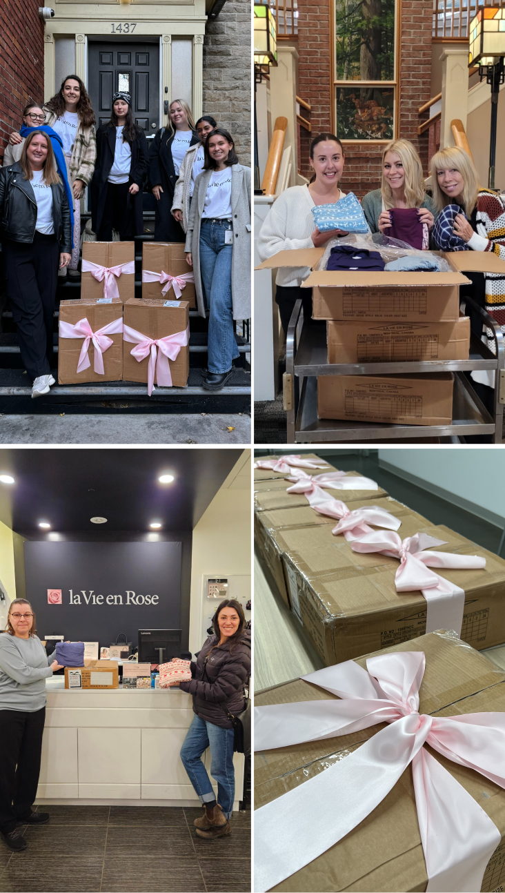 Photos from the 2024 edition of the pajama project, showing our employees with the boxes.