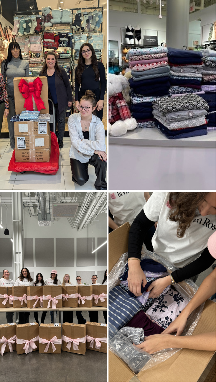 Photos from the 2024 edition of the pajama project, showing our employees with the boxes.