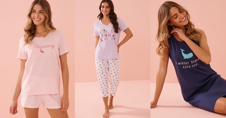 Three models in colourful pajamas, shorts and nightgown from the Happy Outlet Sale.