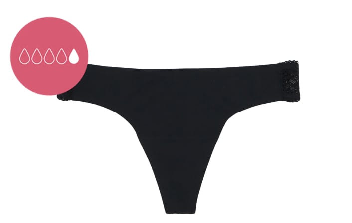 Tanga menstruel noir avec absorption légère, vue de face.