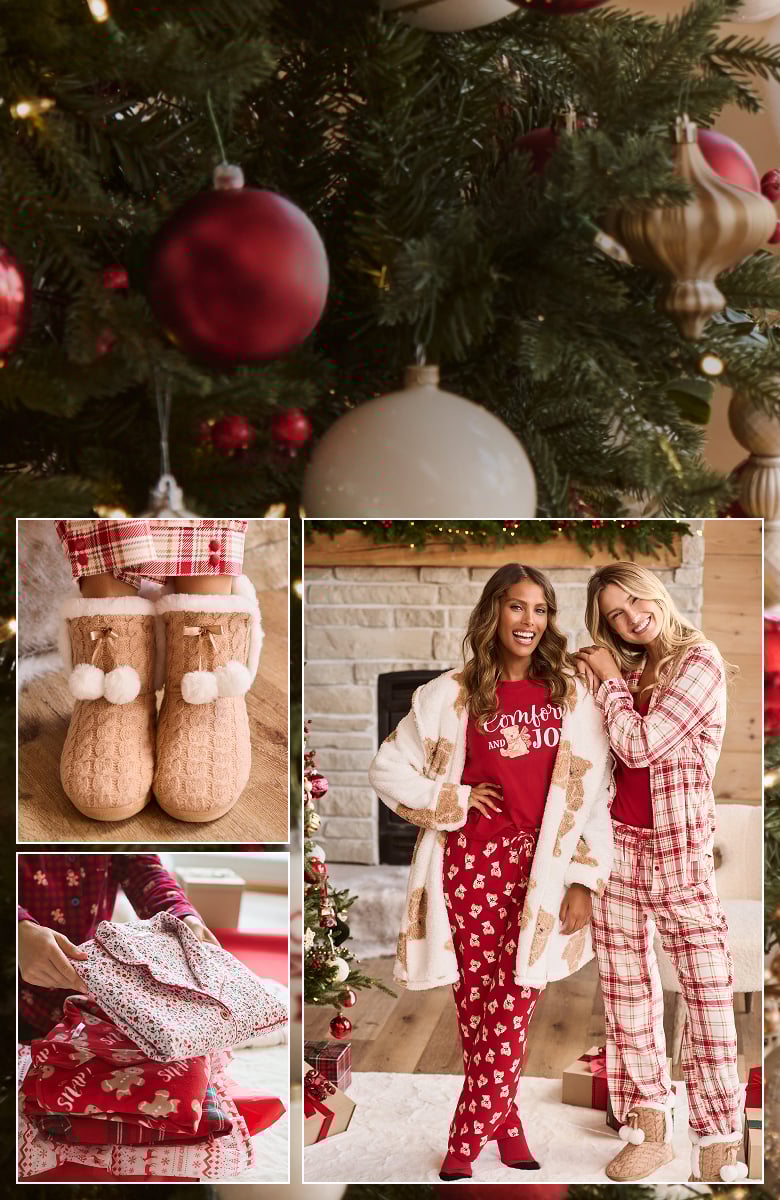 Model wearing a green pajama and cardigan with reindeer patterns.