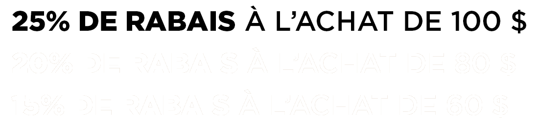25% DE RABAIS À L'ACHAT DE 100 $ | 20% DE RABAIS À L'ACHAT DE 80 $ | 15% DE RABAIS À L'ACHAT DE 60 $ 