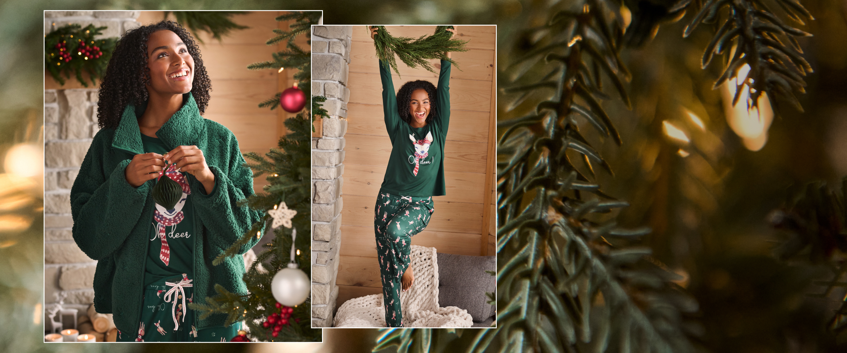 Model wearing a green pajama and cardigan with reindeer patterns.