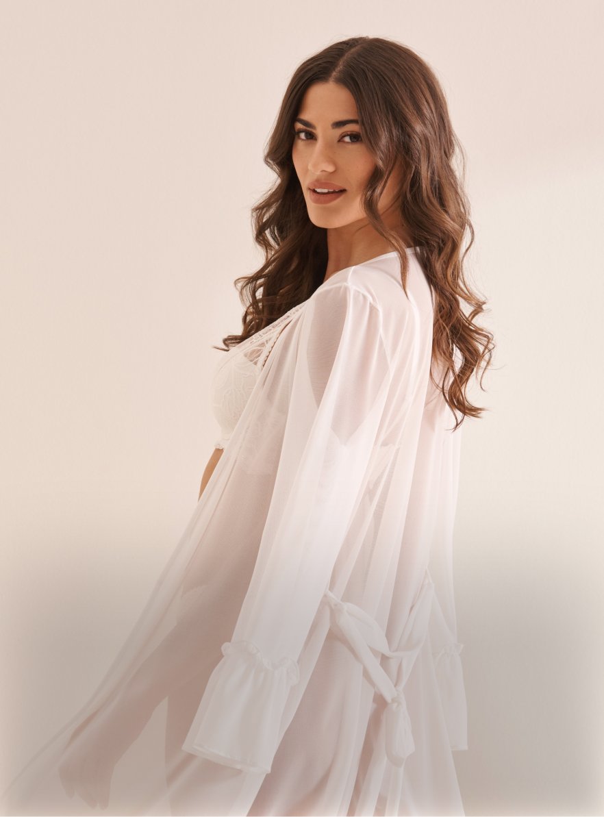 Model wearing white bra and panty set with white mesh kimono, featured in a banner showcasing white lingerie.