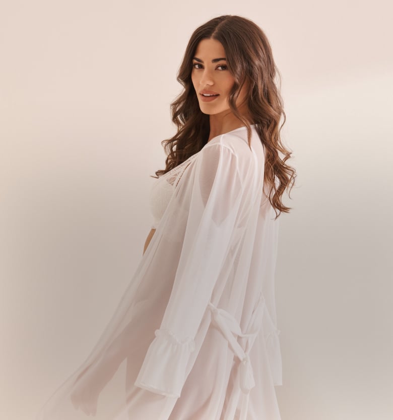 Model wearing white bra and panty set with white mesh kimono, featured in a banner showcasing white lingerie.