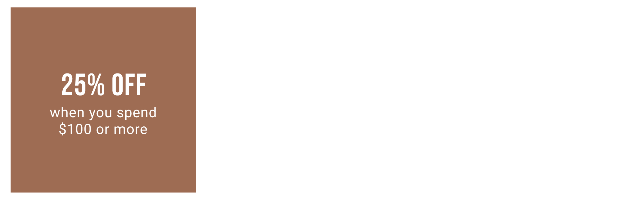 25% Off when you spend $100 or more | 20% Off when you spend $80 | 15% Off when you spend $60
