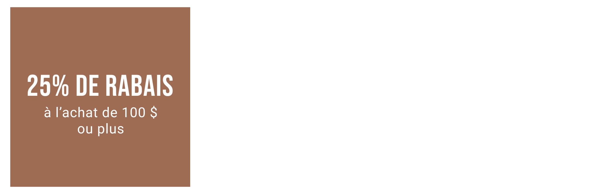225% de rabais à l’achat de 100 $ ou plus | 20% de rabais à l’achat de 80 $ | 15% de rabais à l’achat de 60 $