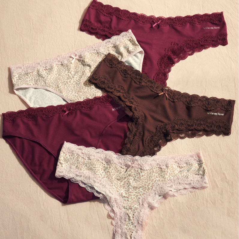 Set of panties in shades of pink, red, and brown