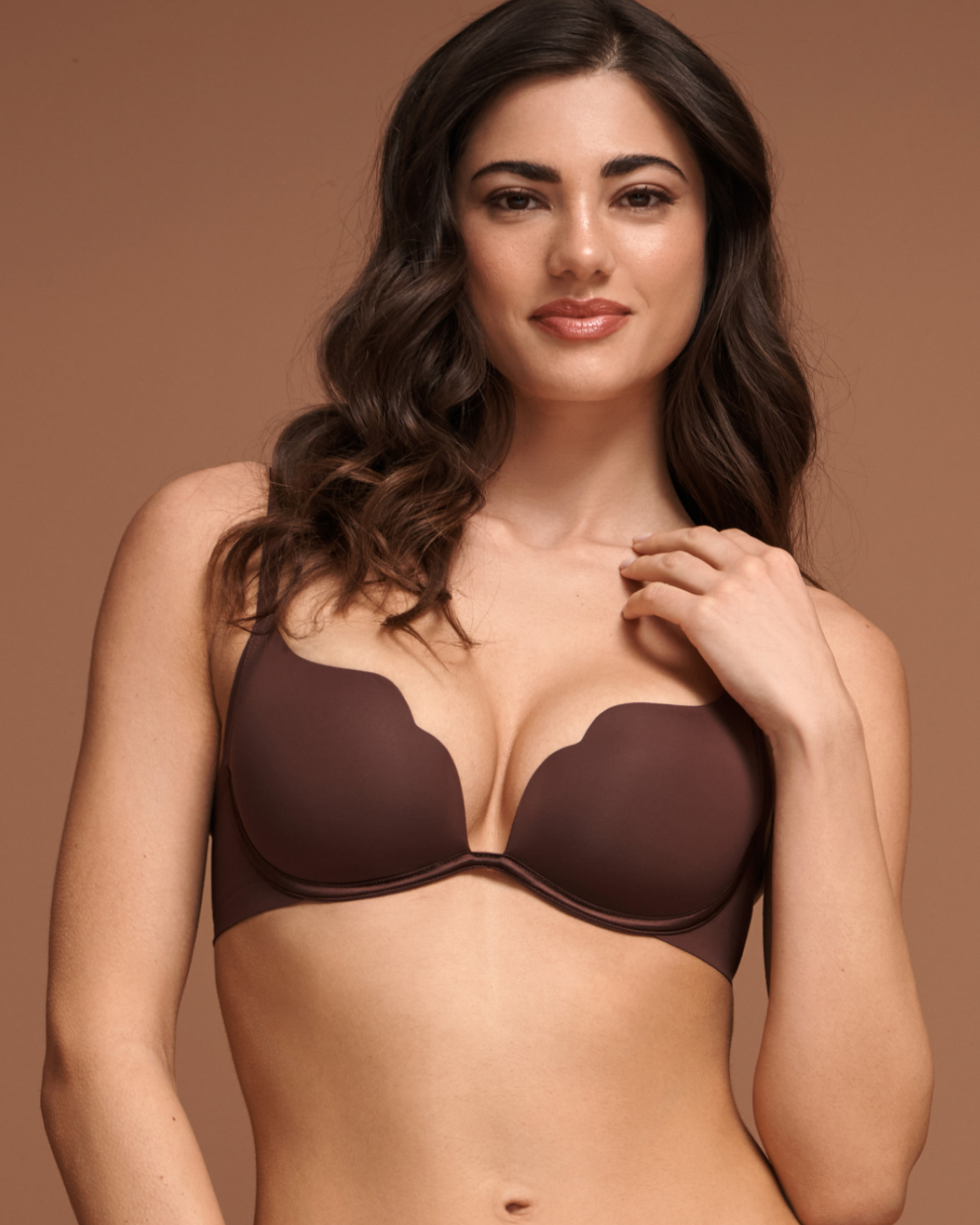 Model wearing a brown satin push-up scalloped bra