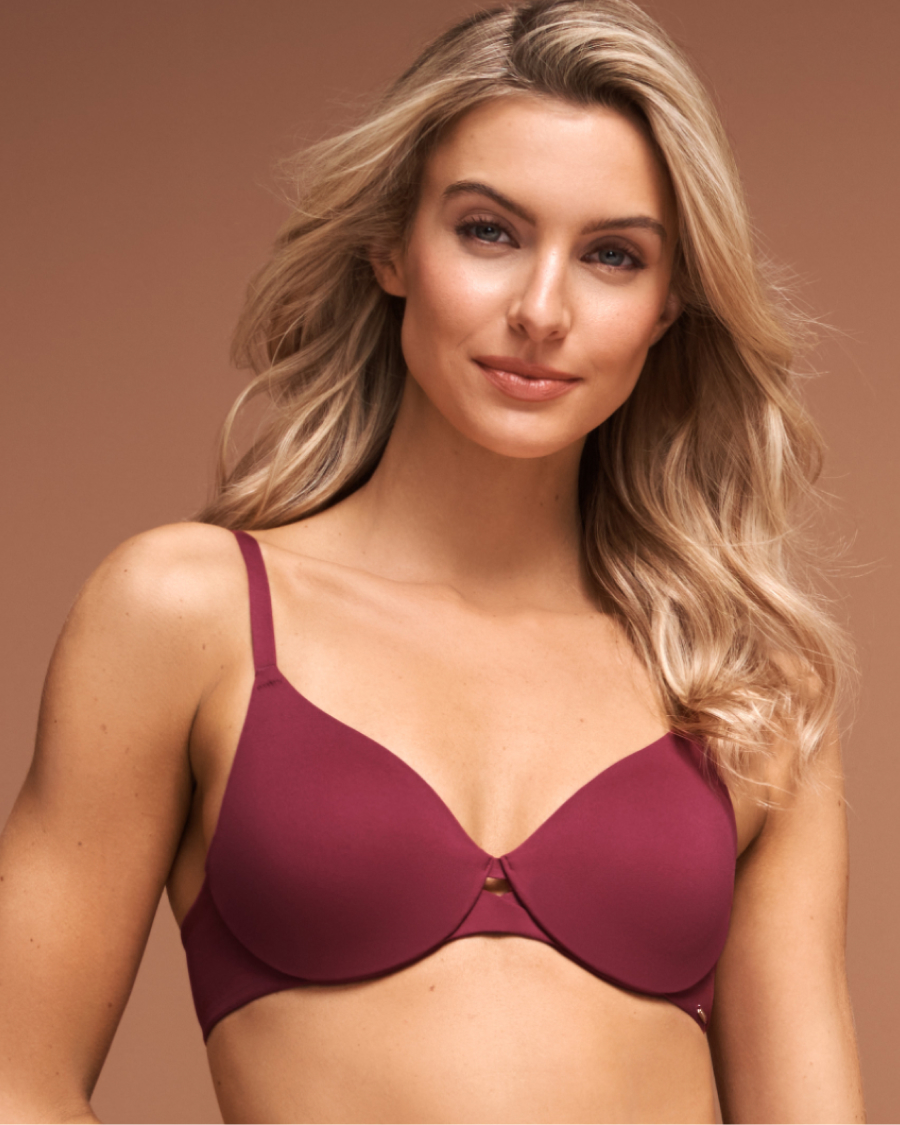 Model wearing a raspberry-red cushioned wire bra