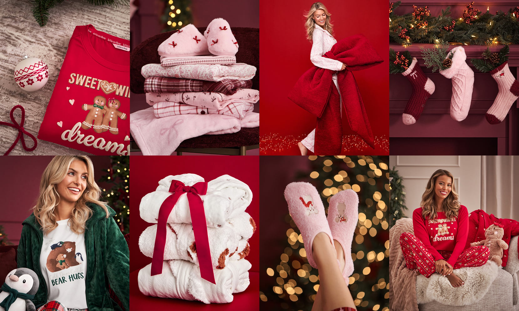 A collection of photos of Christmas pajamas and accessories