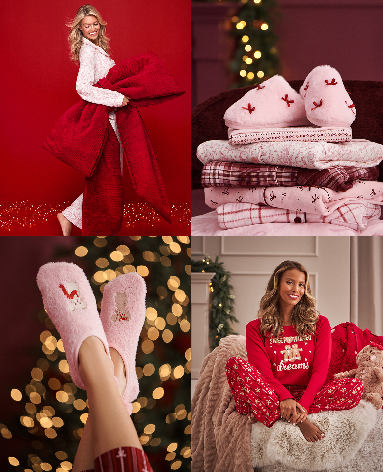 A collection of photos of Christmas pajamas and accessories
