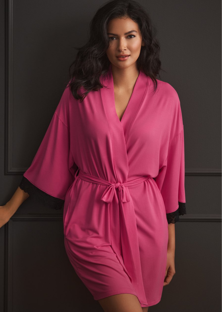 Modeling wearing a pink kimono