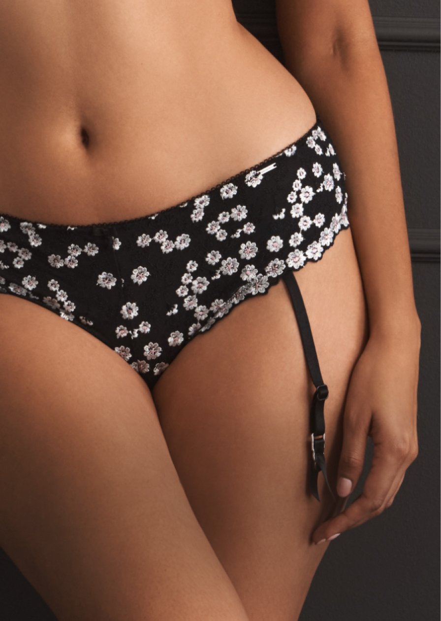 Model wearing black panties with white flowers