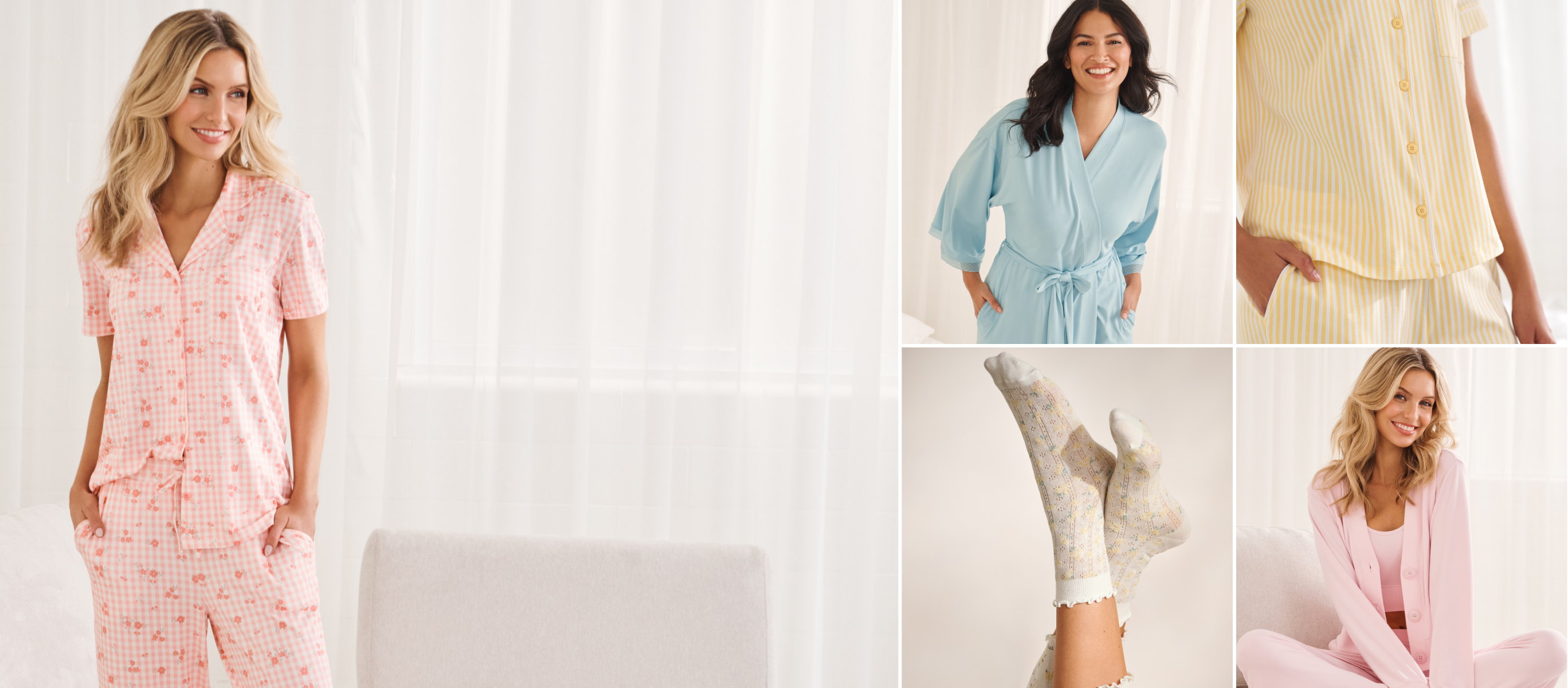 Several photos of models wearing pink and yellow pajamas or loungewear