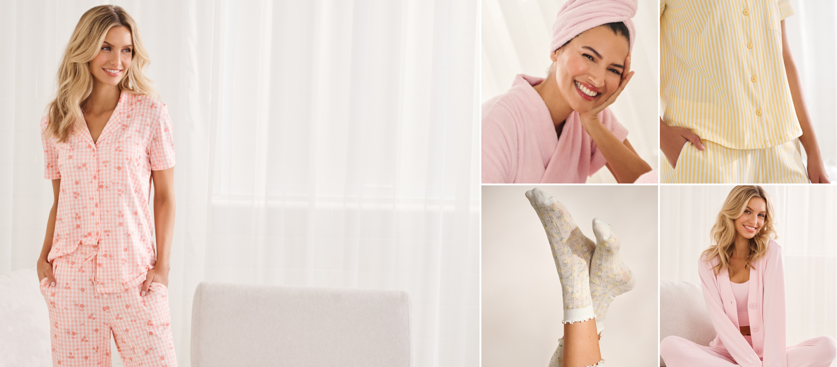 Several photos of models wearing pink and yellow pajamas or loungewear