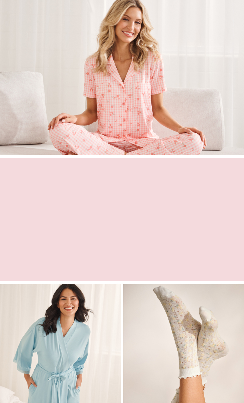 Several photos of models wearing pink and yellow pajamas or loungewear