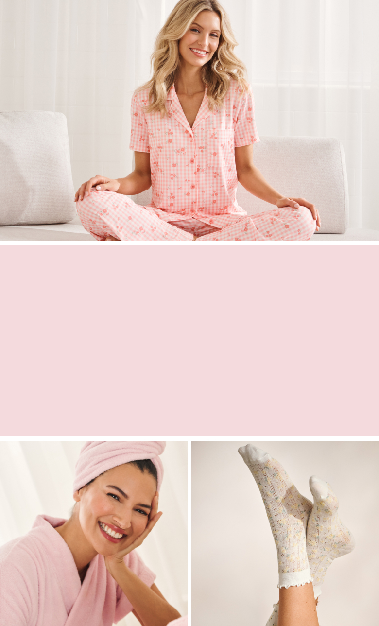 Several photos of models wearing pink and yellow pajamas or loungewear
