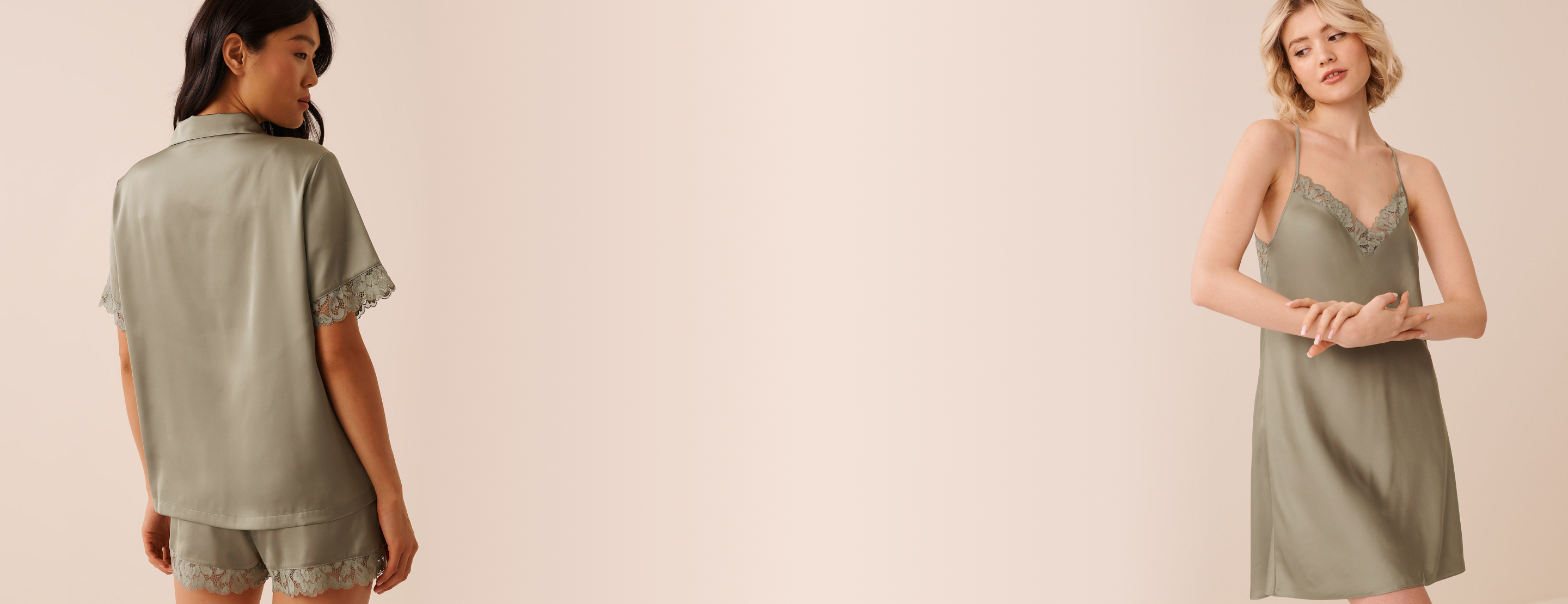 Model wearing sage green satin pajamas