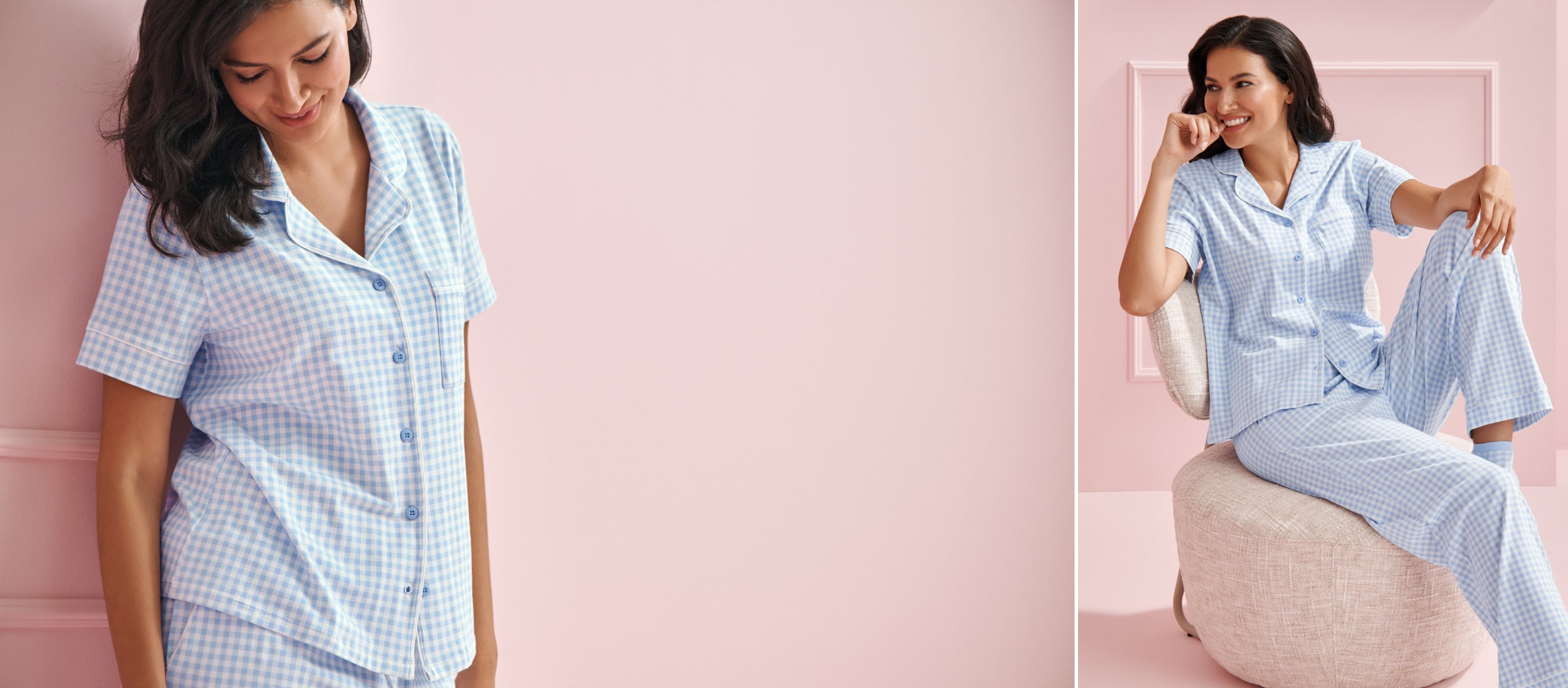 Model wearing a light blue cotton pajama