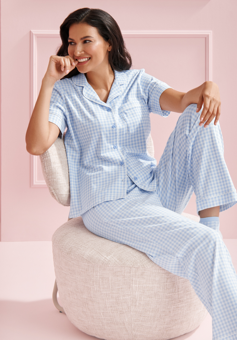 Model wearing a light blue cotton pajama