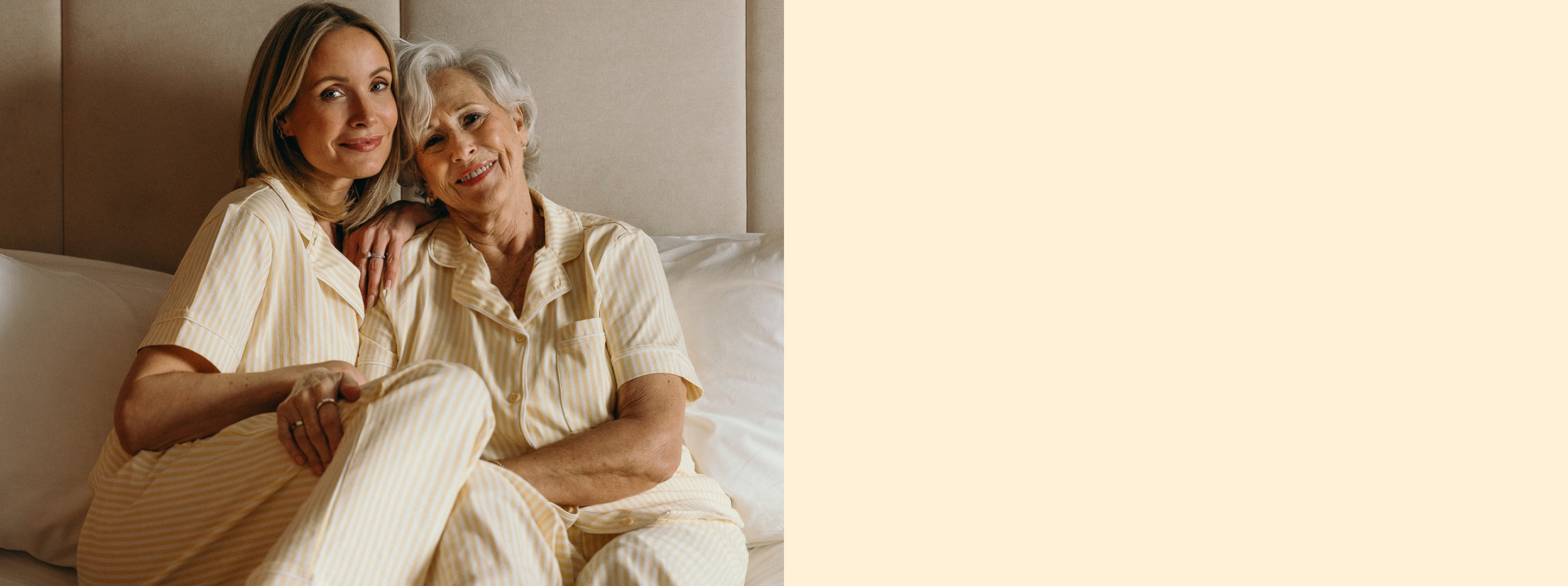 Liv Judd and her mother posing in yellow-and-white striped pajamas