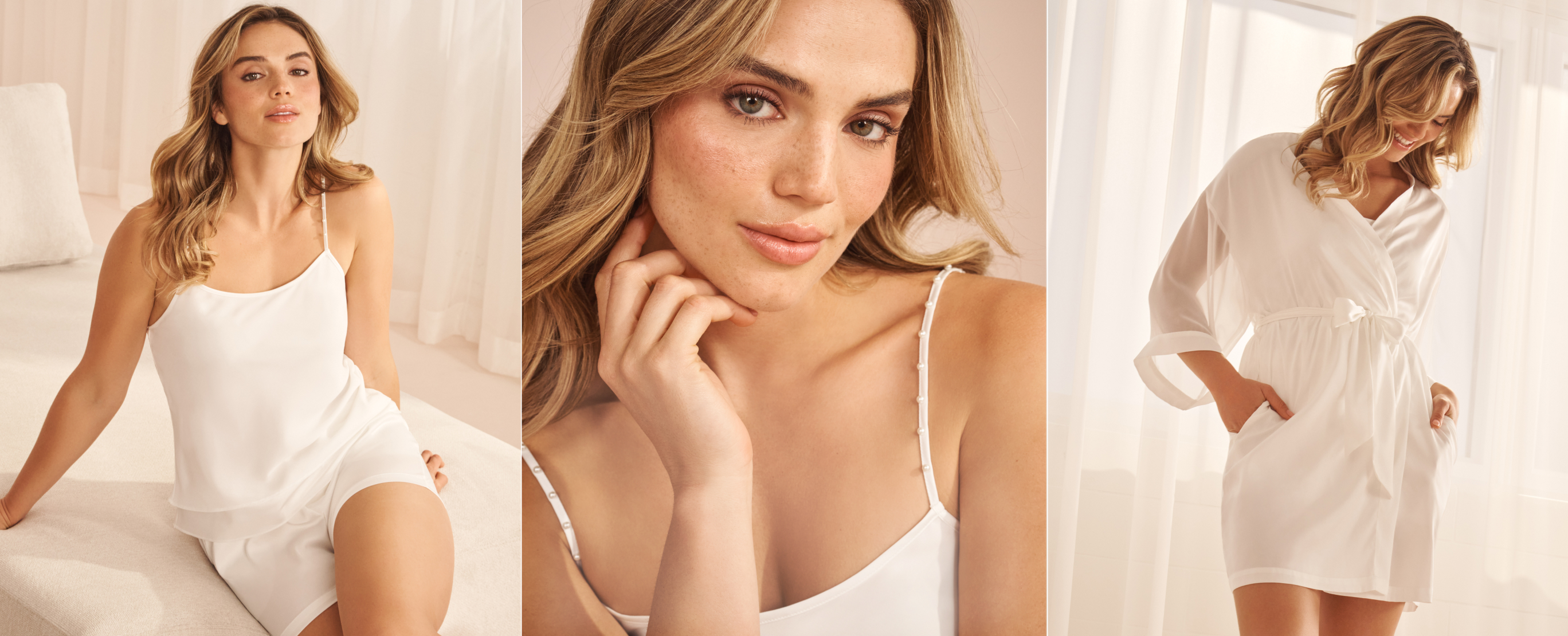 Trois mannequins en lingerie satin&eacute;e blanche