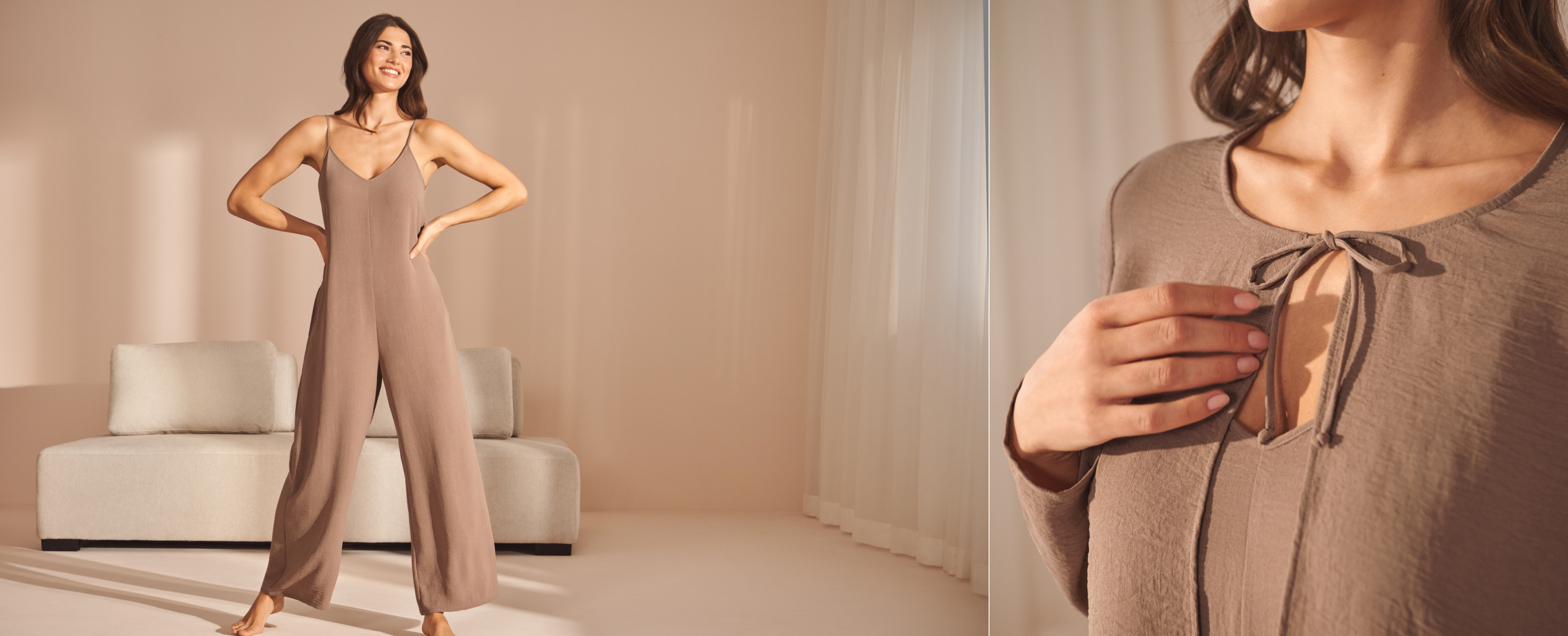 Model wearing a long brown jumpsuit and a matching cardigan
