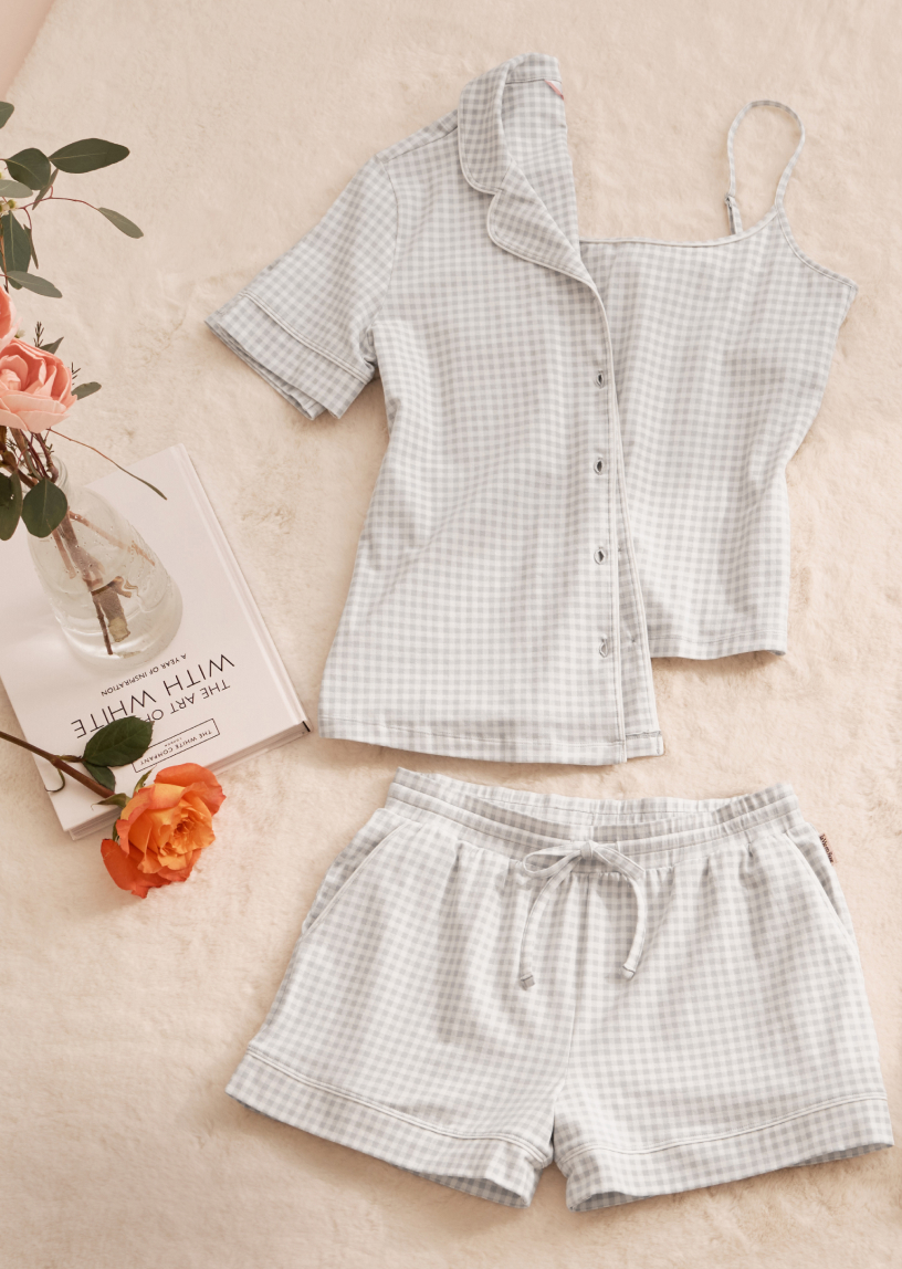 Ensemble de pyjamas en coton gris à carreaux blancs
