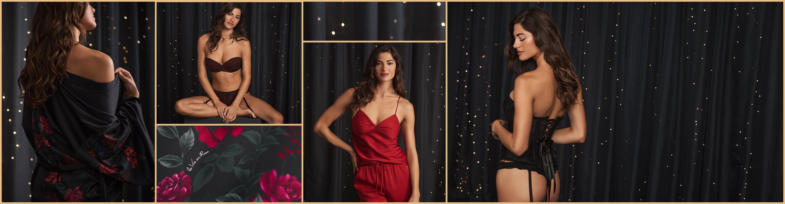 Several models wearing lingerie from the 40th anniversary collection, posing against a black background.