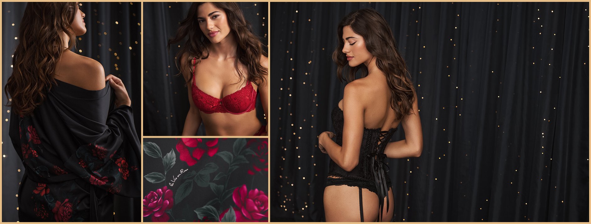 Several models wearing lingerie from the 40th anniversary collection, posing against a black background.