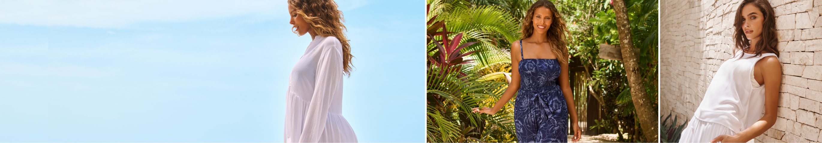 Montage de trois mannequins en vêtements de plage : robe blanche, combinaison bleu marine, top manches courtes blanc et pantalon blanc.