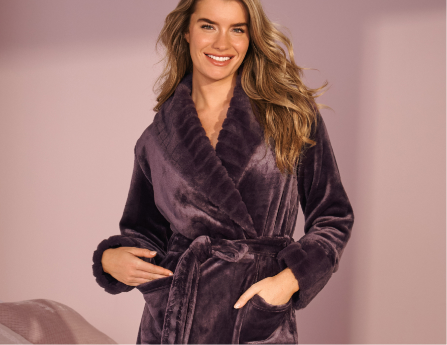 Model wearing a purple robe