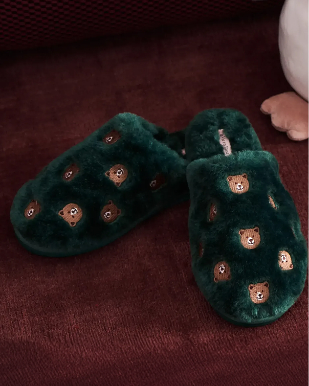 Green slippers with teddy bears