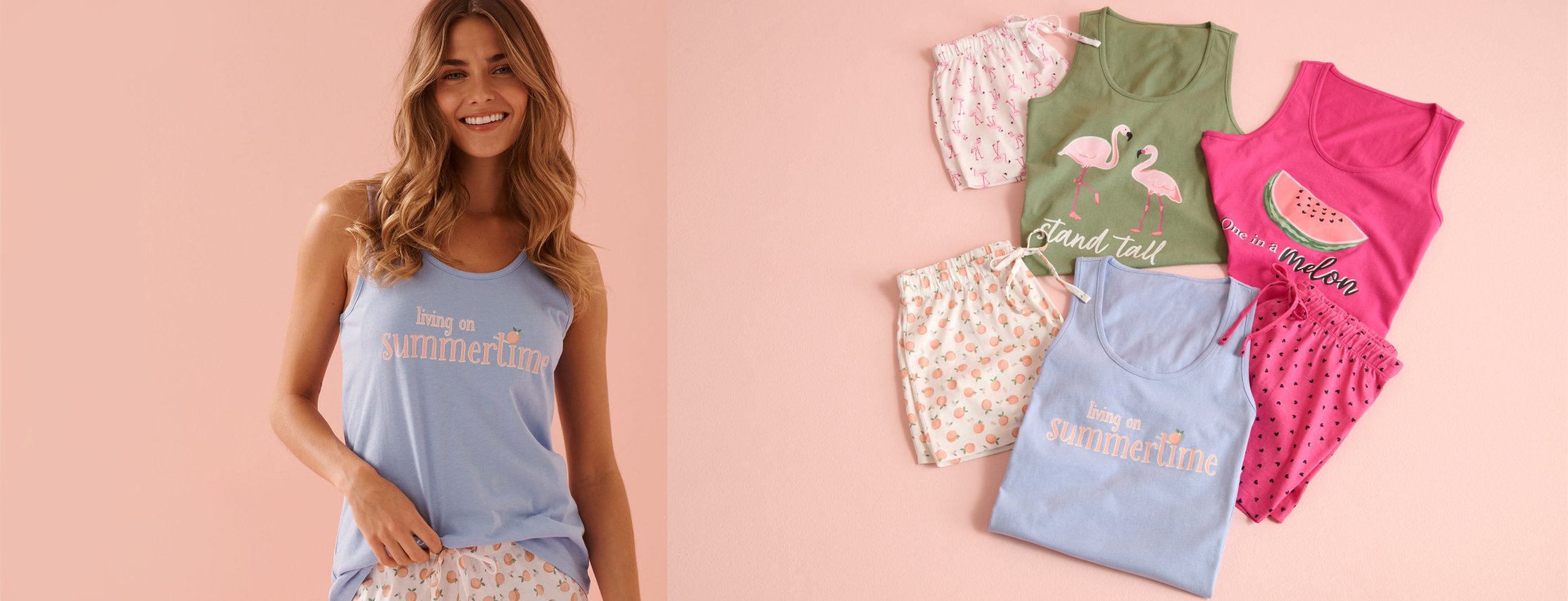 Four sets of patterned t-shirts and matching shorts, showcasing the available styles in our outlet sale.