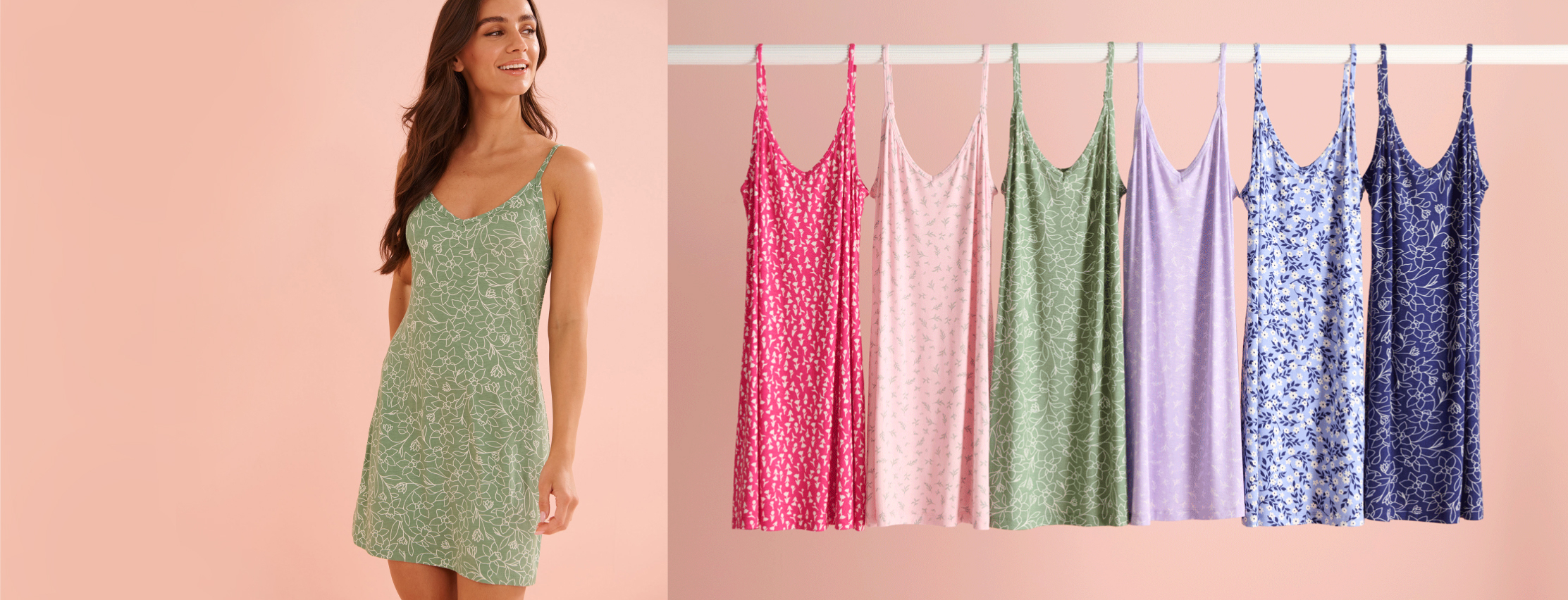 Six colourful nighties hanging, showcasing the styles available in our outlet sale.