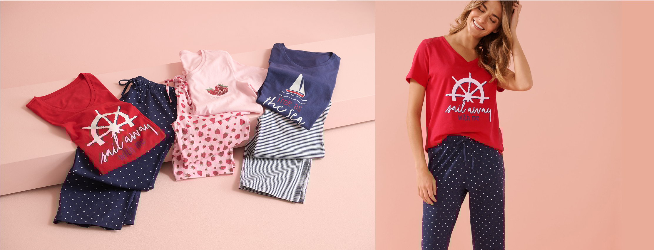 Three sets of patterned t-shirts and matching capris, showcasing the available styles in our outlet sale.