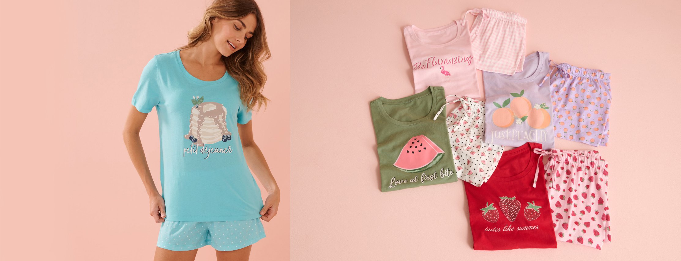 Four sets of patterned t-shirts and matching shorts, showcasing the available styles in our outlet sale.