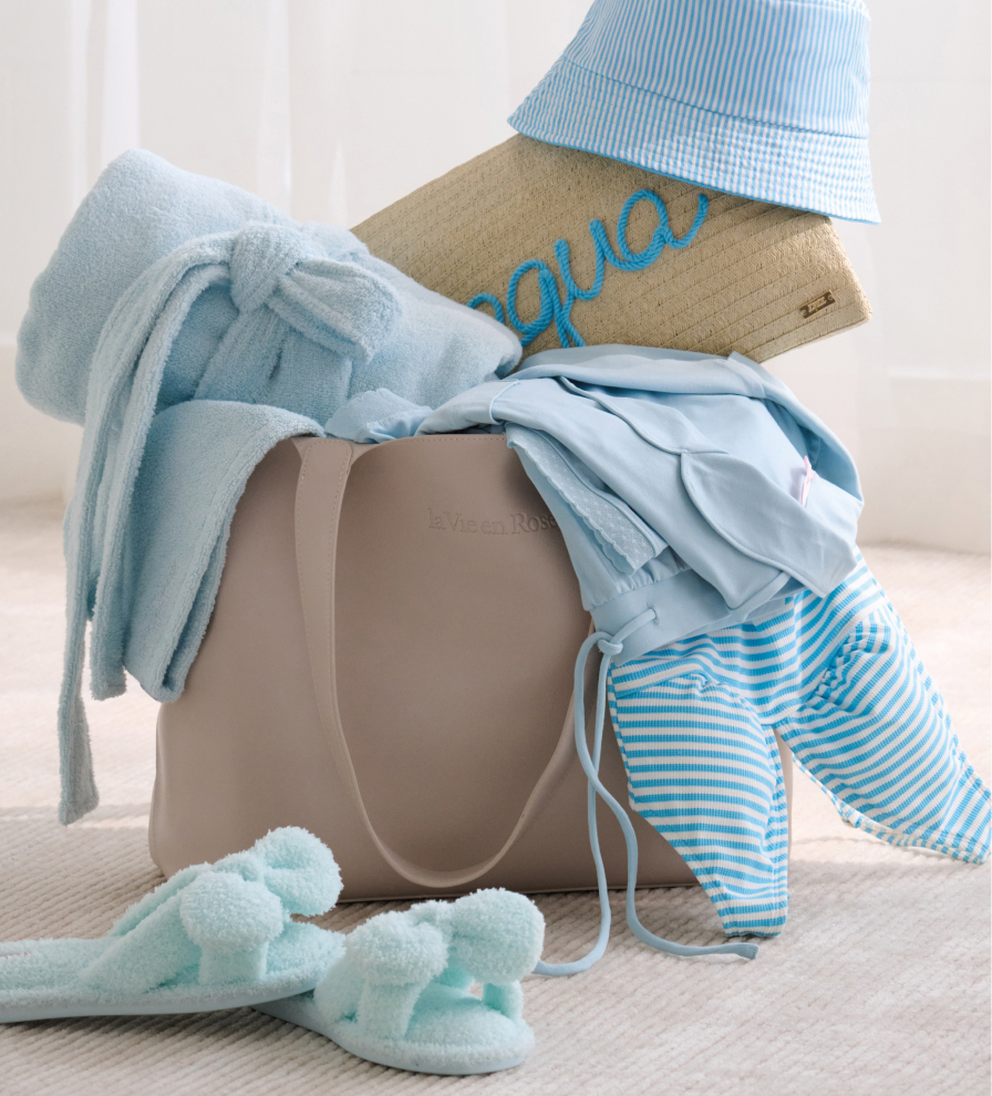 Basket containing blue spa accessories
