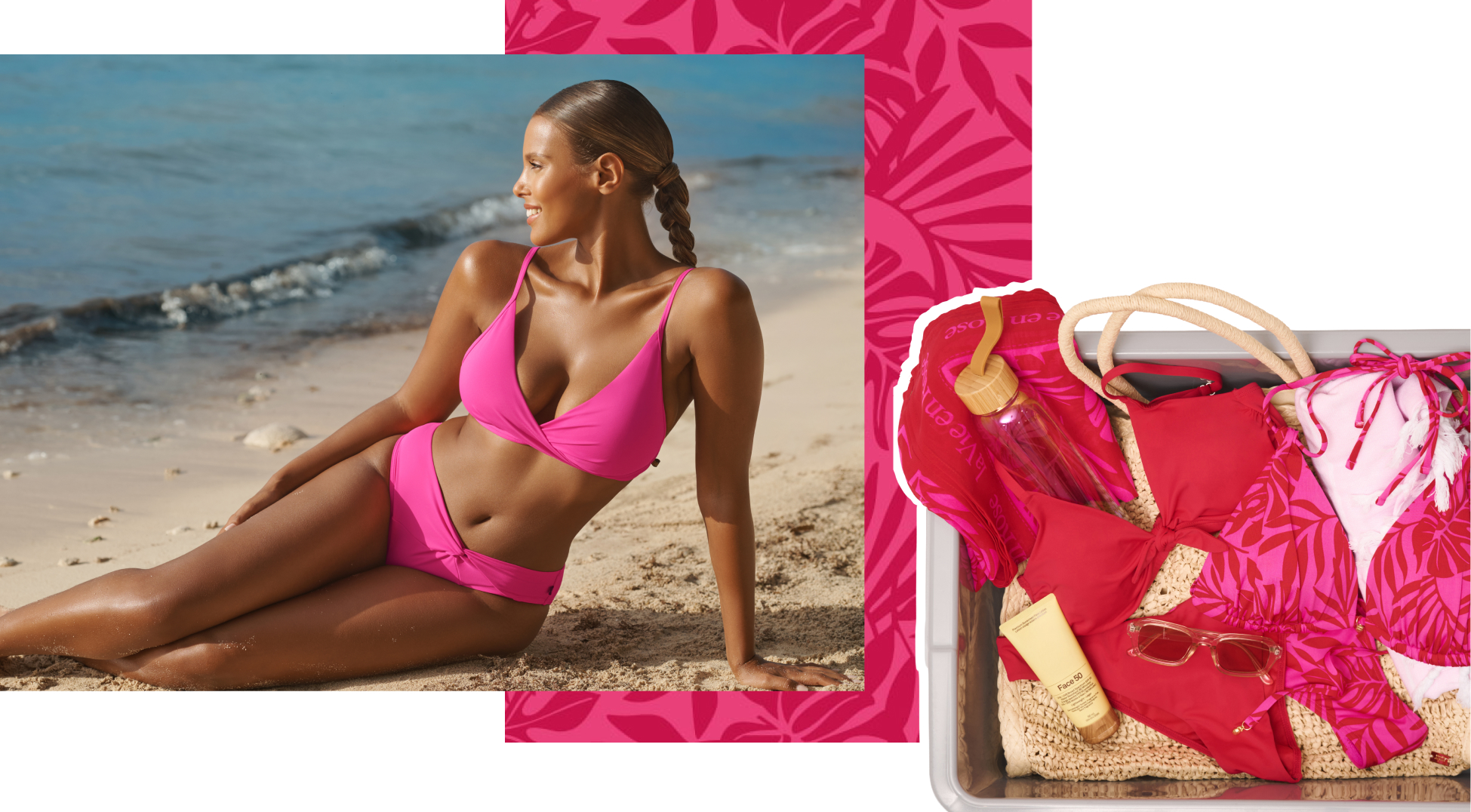 Several photos showing swimsuits in shades of pink, one worn by a model on the beach, others in a suitcase.